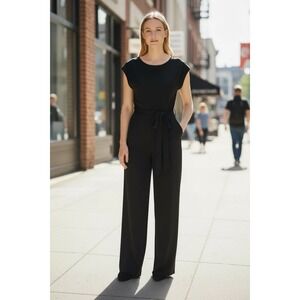 LOFT Black V Back Wide Leg Jumpsuit Size 4 Tie Front/Back Pockets Chic Party